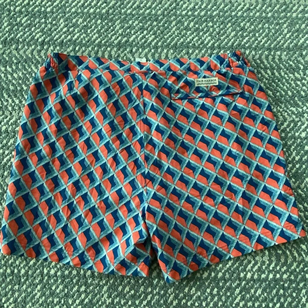 Fair Harbor Swim Shorts Mens 38 Blue Geometric Trunks Lined Stretch Quick Dry